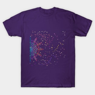 Multicoloured mandala motif design illustration with birds and confetti T-Shirt